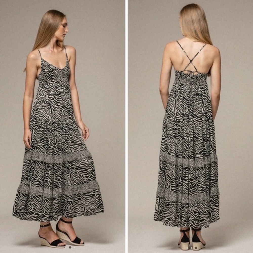 Anthropologie LUSANA Size M Marise Tiered Maxi Dress Zebra Print Boho Flowy